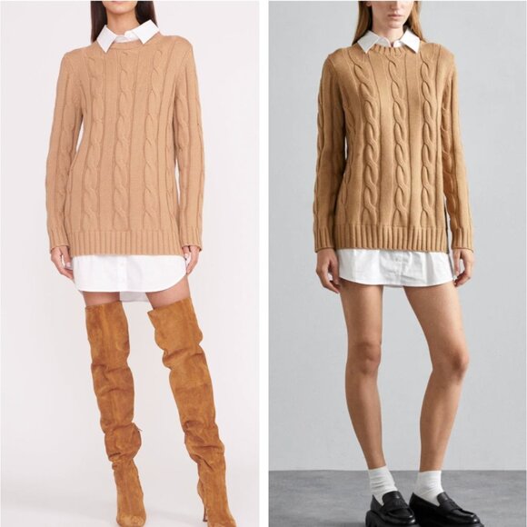 NWT STAUD Aldrin Sweater Shirt Mini Dress Medium Camel/White - Picture 1 of 10